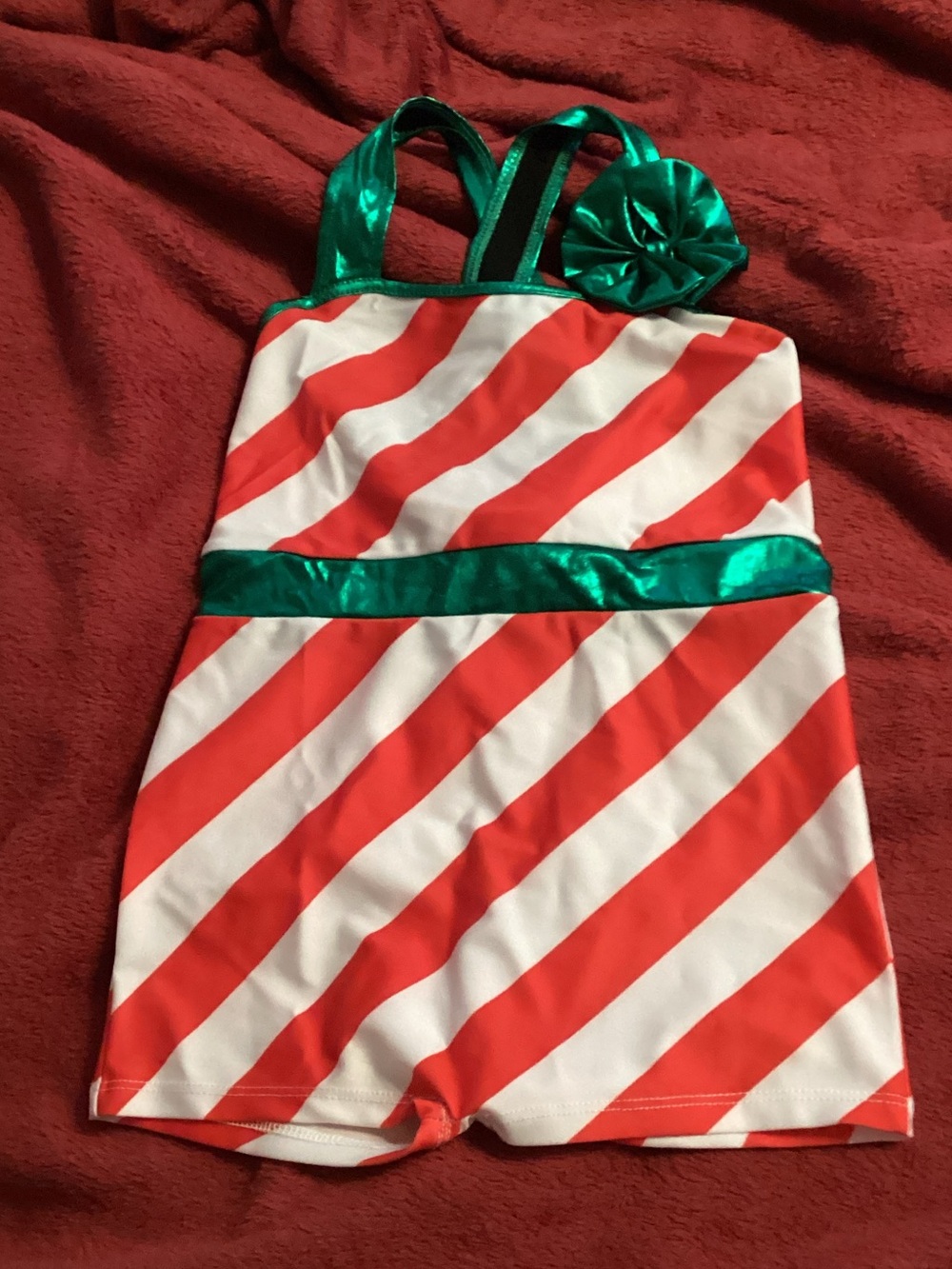 Holiday Red & White Striped Kids Costume Leotard with Shiny Green Trim